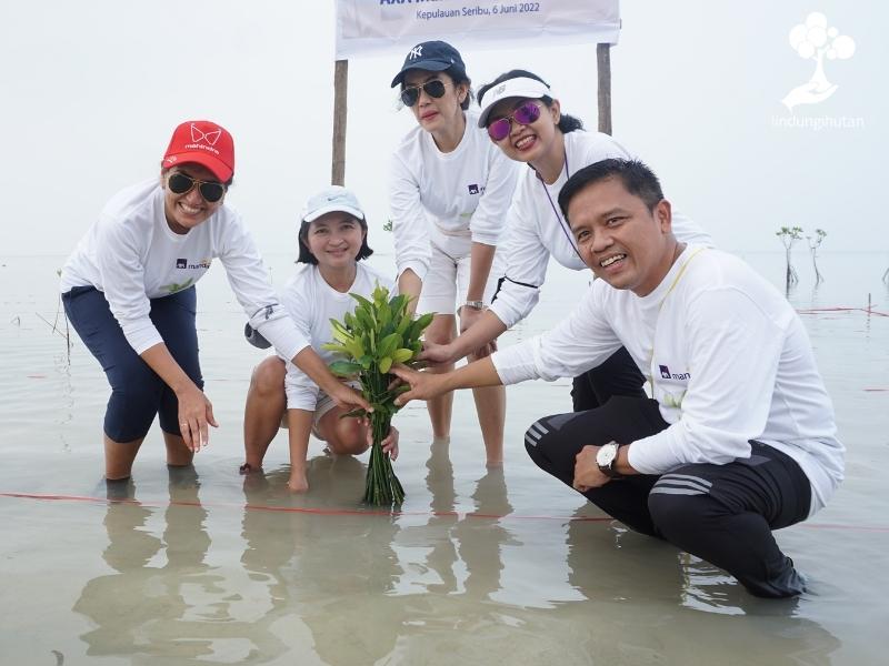 Karyawan AXA Mandiri dan MAGI asik dan senang dapat menanam mangrove di pulau Pari, Kepulauan Seribu.