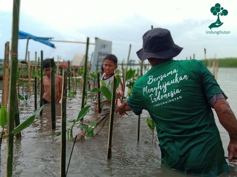 Anak-anak ikut menanam bibit mangrove di kota Makassar.