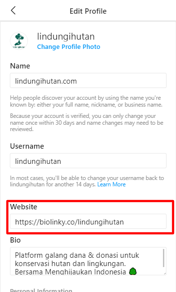Cara menambahkan link kampanye alam di bio akun instagram - FAQ LindungiHutan