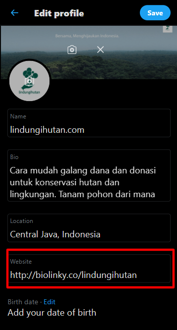 Cara menambahkan link kampanye alam di bio Twitter - FAQ LindungiHutan